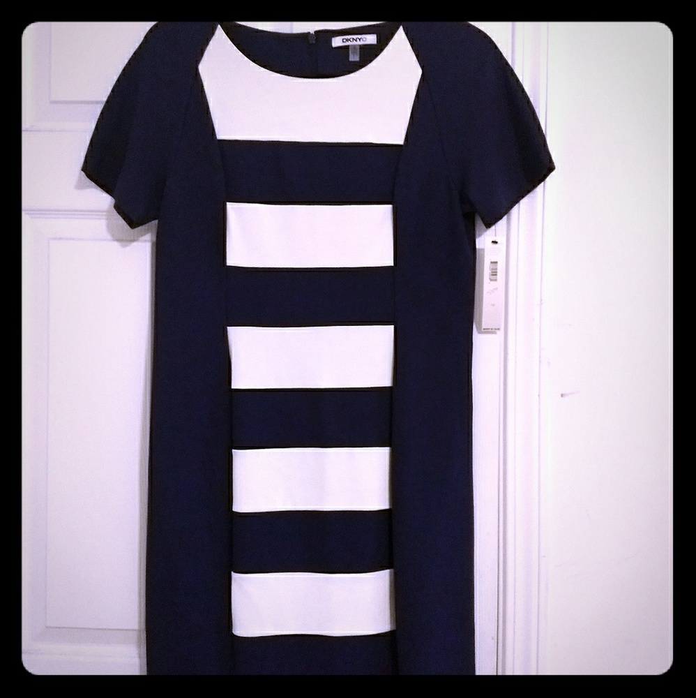 DKNYC Navy Blue and White Sheath Dress, Size 12